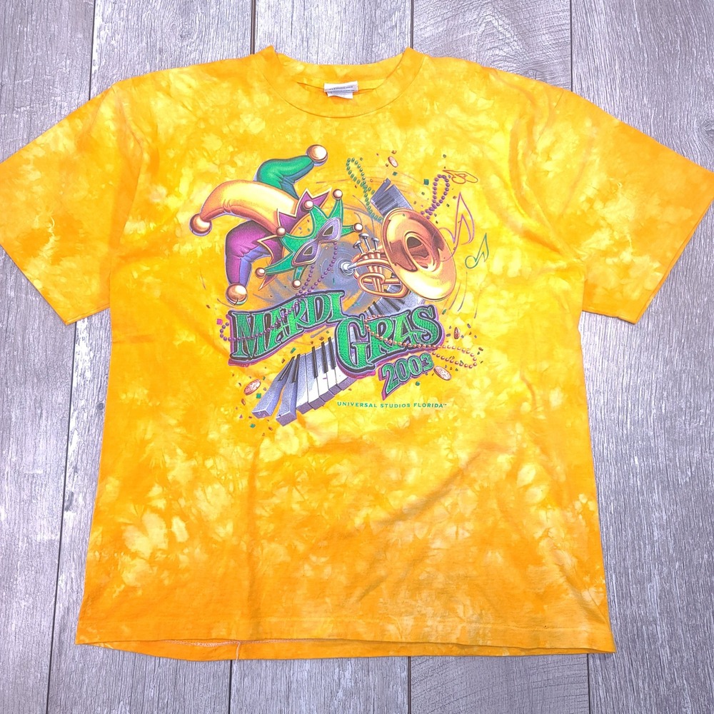 Universal Studios T-Shirt Men XL Yellow Mardi Gras 2003 Tie Dye Graphic Tee